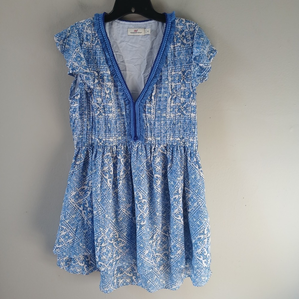 Vineyard Vines Women's Size Medium Cay Scarf‎ Print Pintuck Dress Fringe Mini